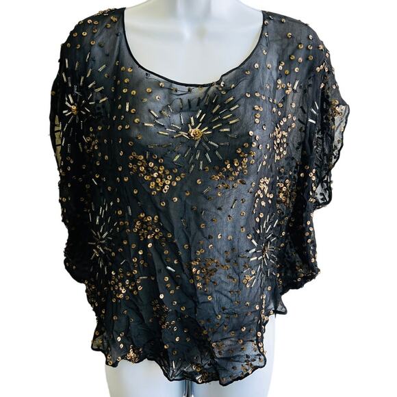 Jan's Pirate Booty Tops - Jan’s Pirate Booty Sheer Black Sequin Crop Top Boho Festival One Size